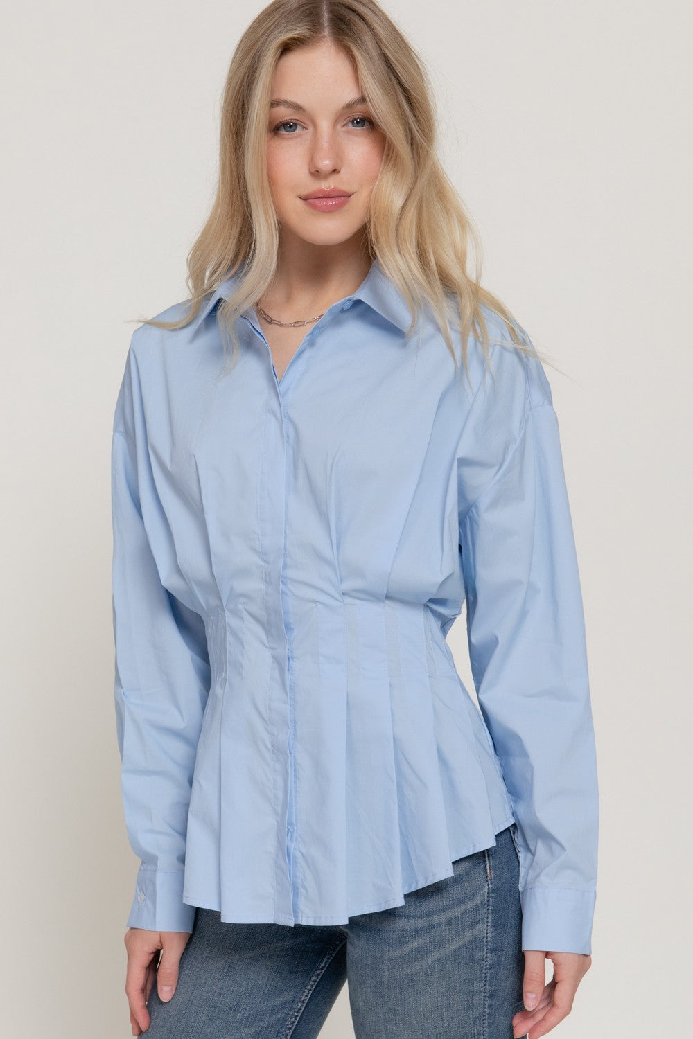 Long Slv Waist Pleated Poplin Shirt