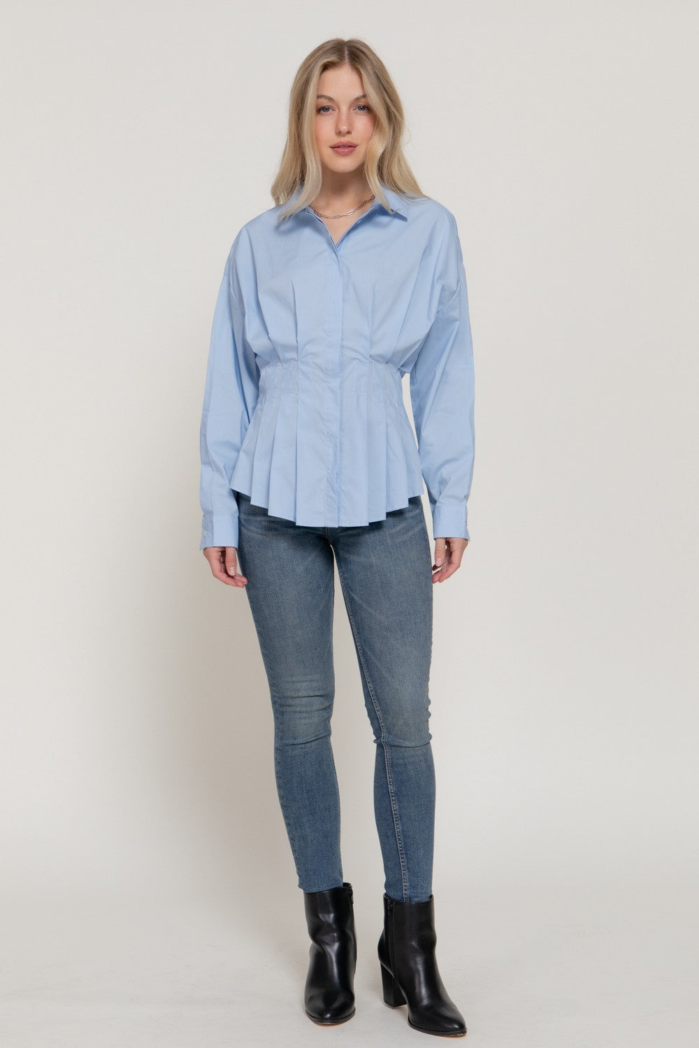 Long Slv Waist Pleated Poplin Shirt