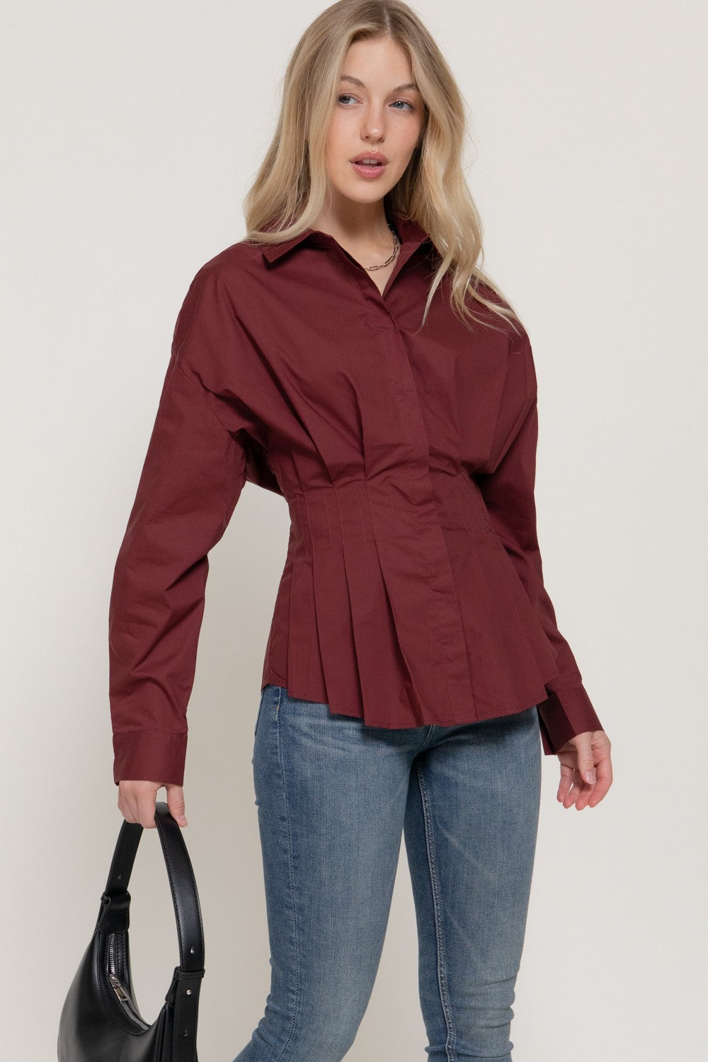 Long Slv Waist Pleated Poplin Shirt