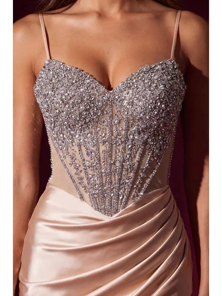 Satin Bodycon Mini Dress With Rhinestone Mesh Corset Bodice