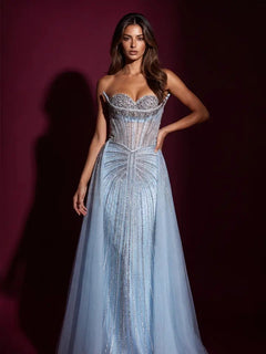 Fully Beaded Corset Evening Gown With Overskirt