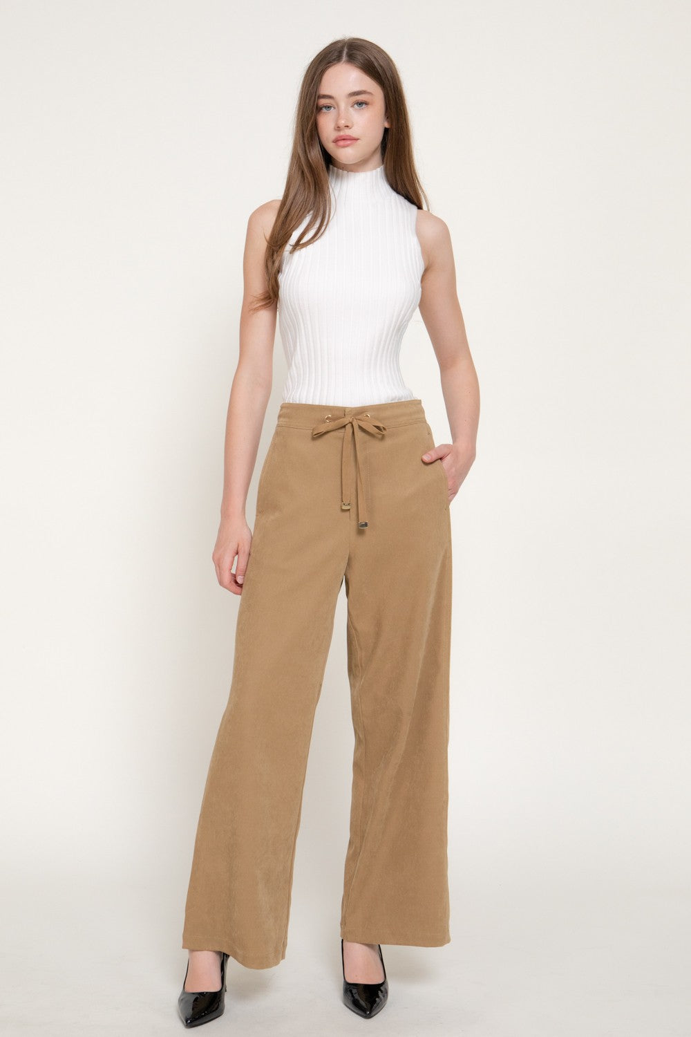 High Waist Wide Leg Suede Touch Twill Pants