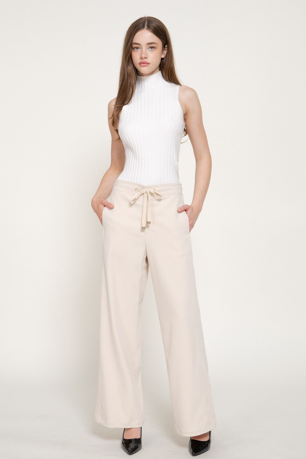 High Waist Wide Leg Suede Touch Twill Pants