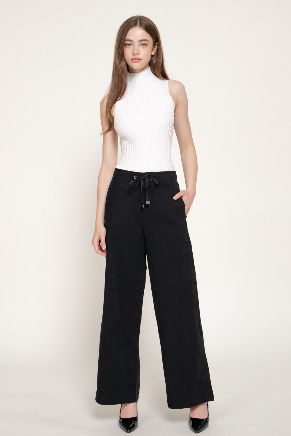 High Waist Wide Leg Suede Touch Twill Pants