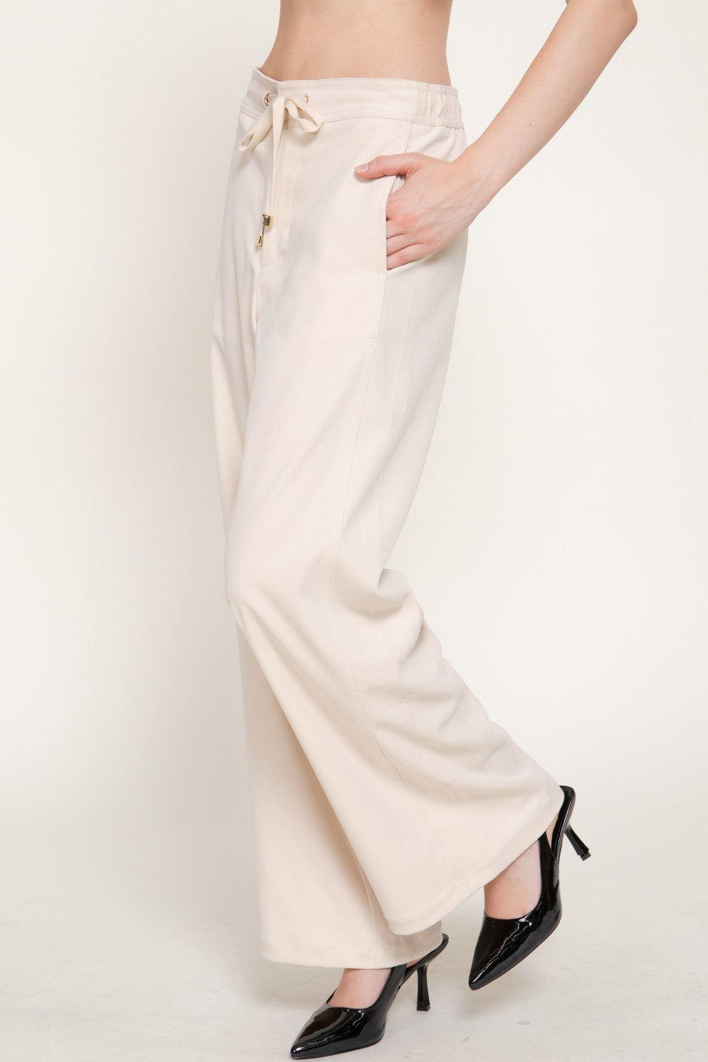 High Waist Wide Leg Suede Touch Twill Pants