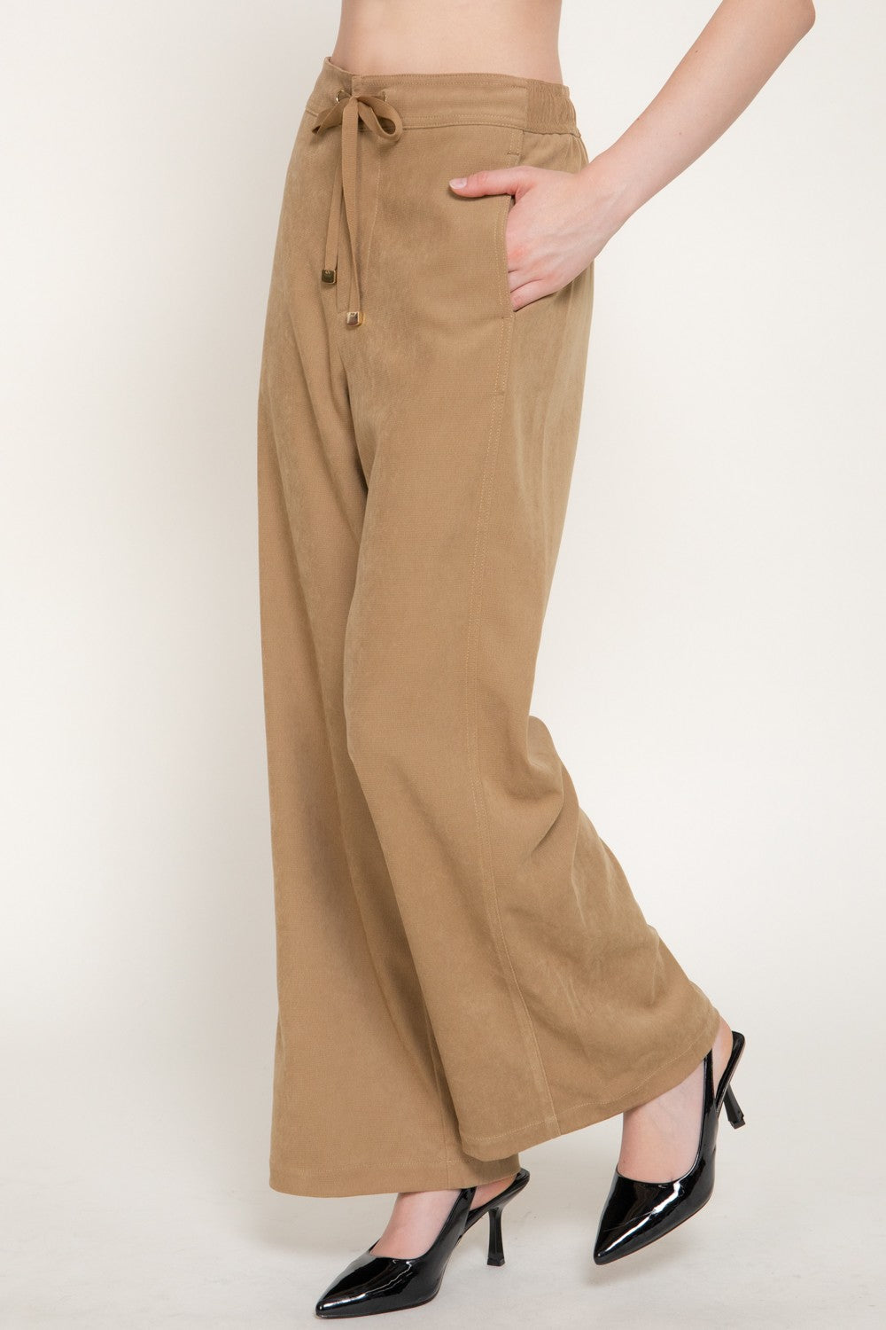 High Waist Wide Leg Suede Touch Twill Pants