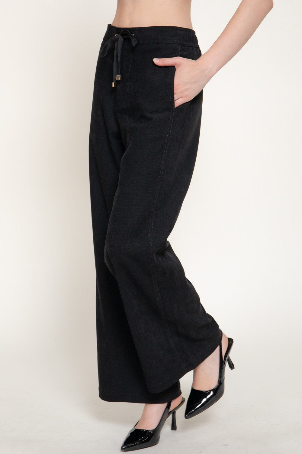 High Waist Wide Leg Suede Touch Twill Pants