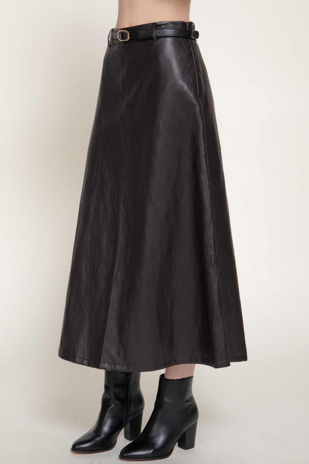Faux Leather Belted A-line Midi Skirt
