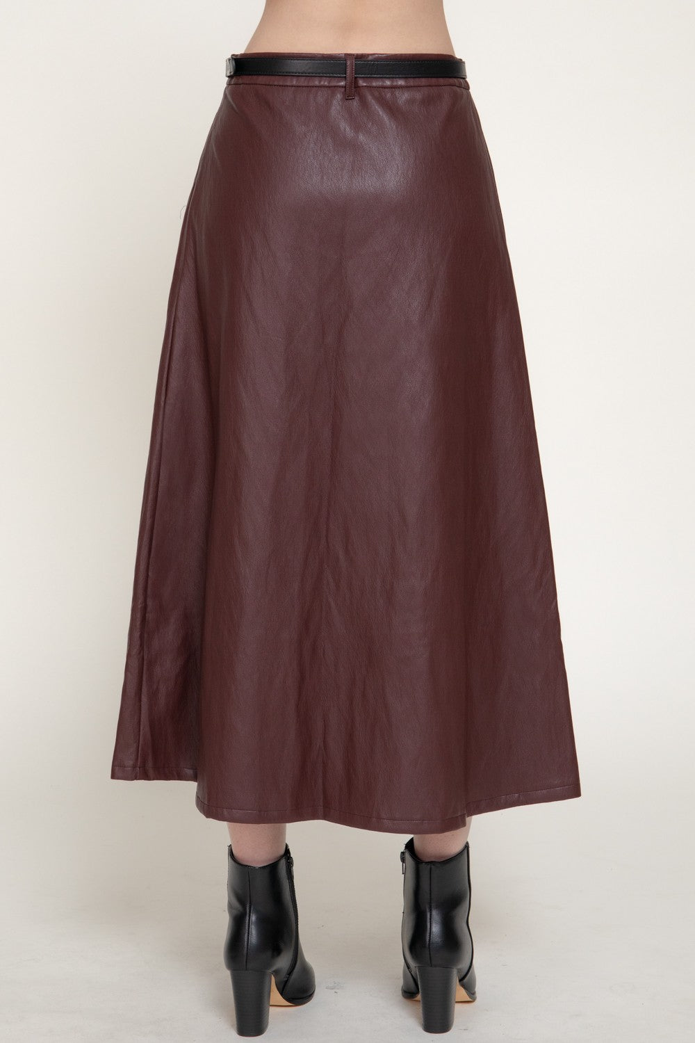 Faux Leather Belted A-line Midi Skirt