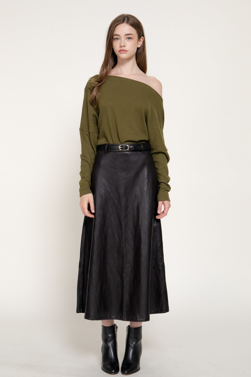 Faux Leather Belted A-line Midi Skirt