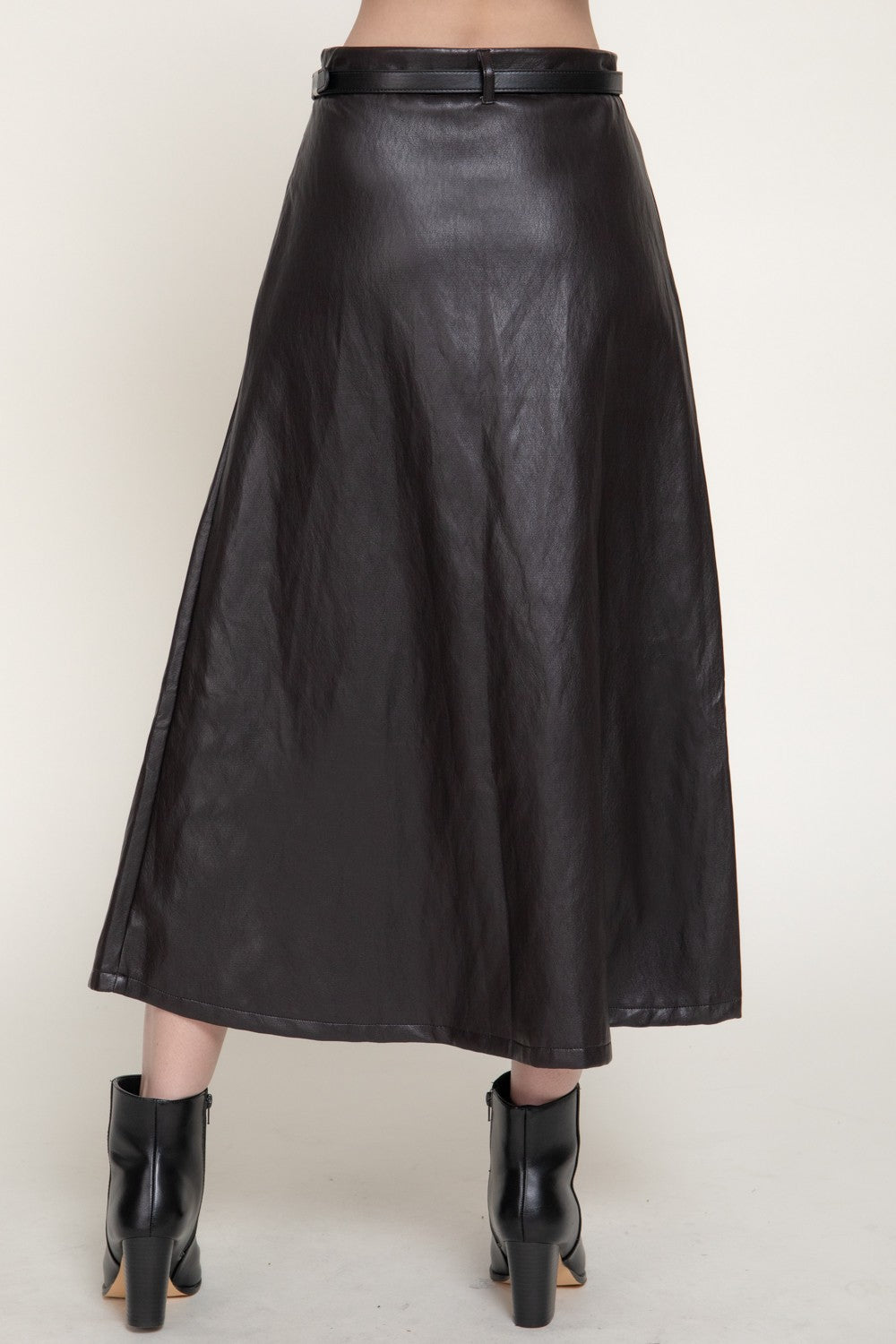 Faux Leather Belted A-line Midi Skirt