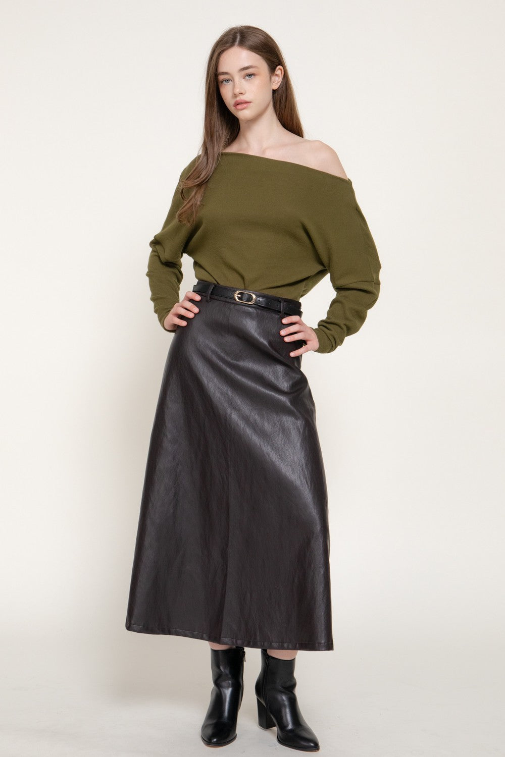 Faux Leather Belted A-line Midi Skirt