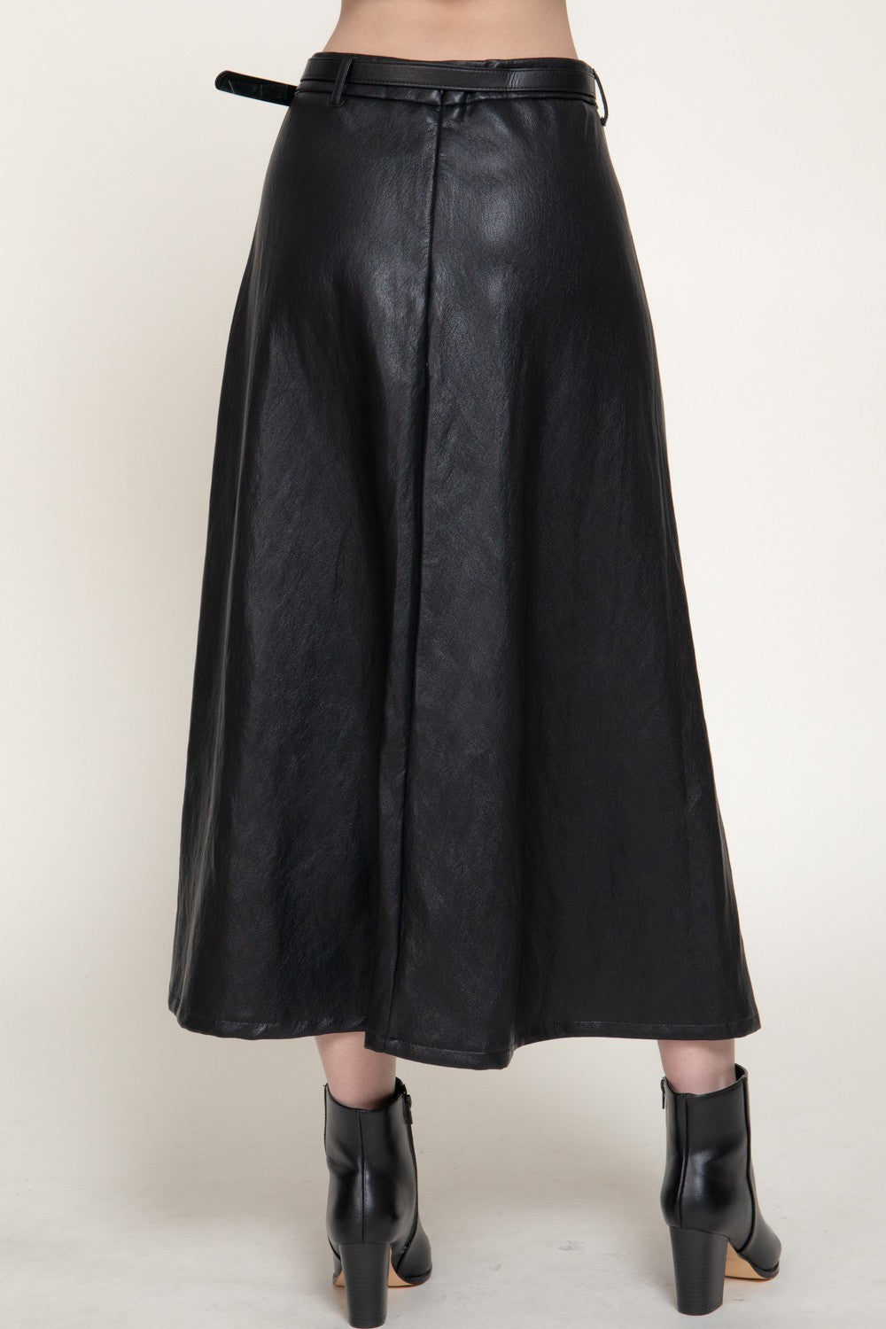 Faux Leather Belted A-line Midi Skirt