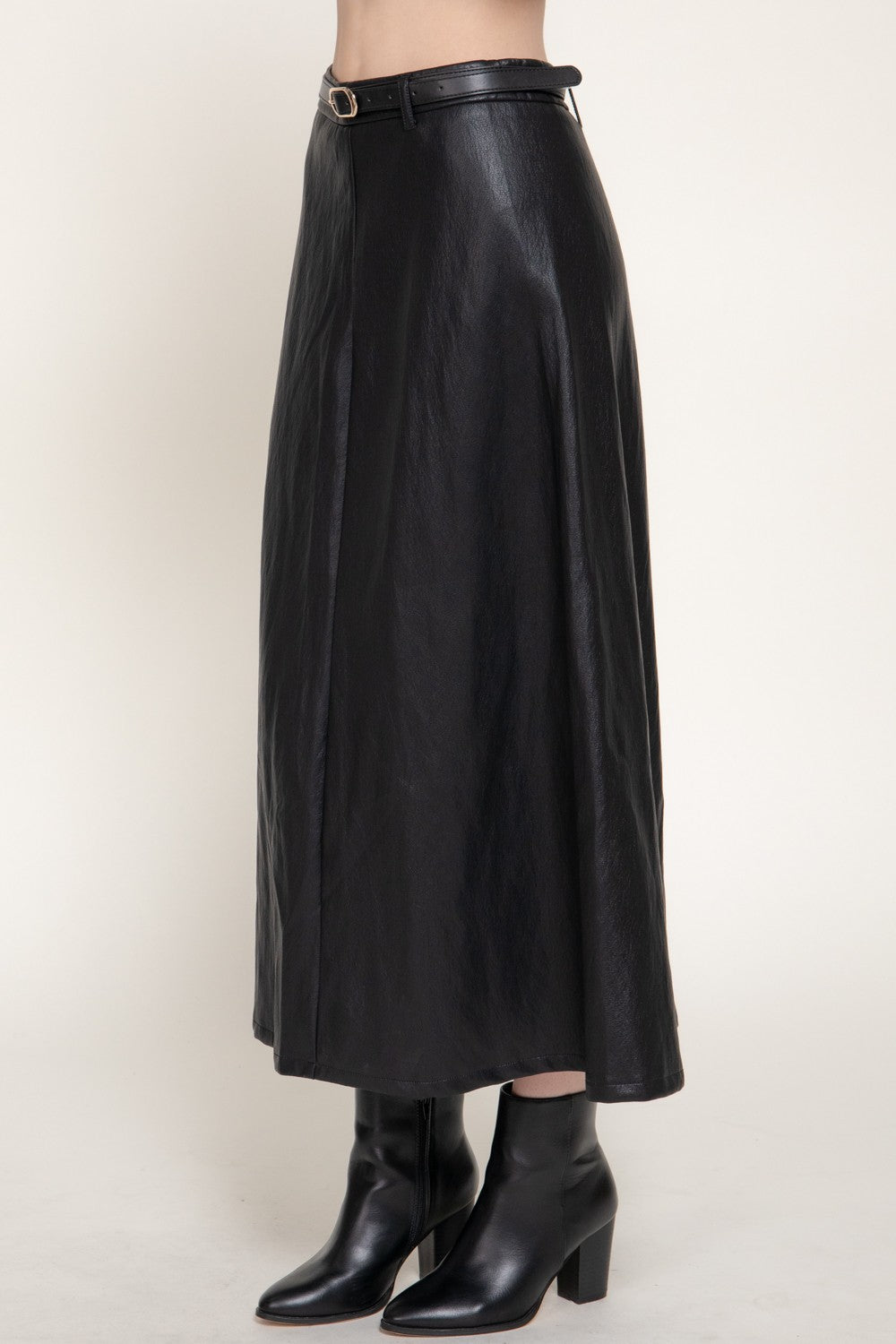 Faux Leather Belted A-line Midi Skirt