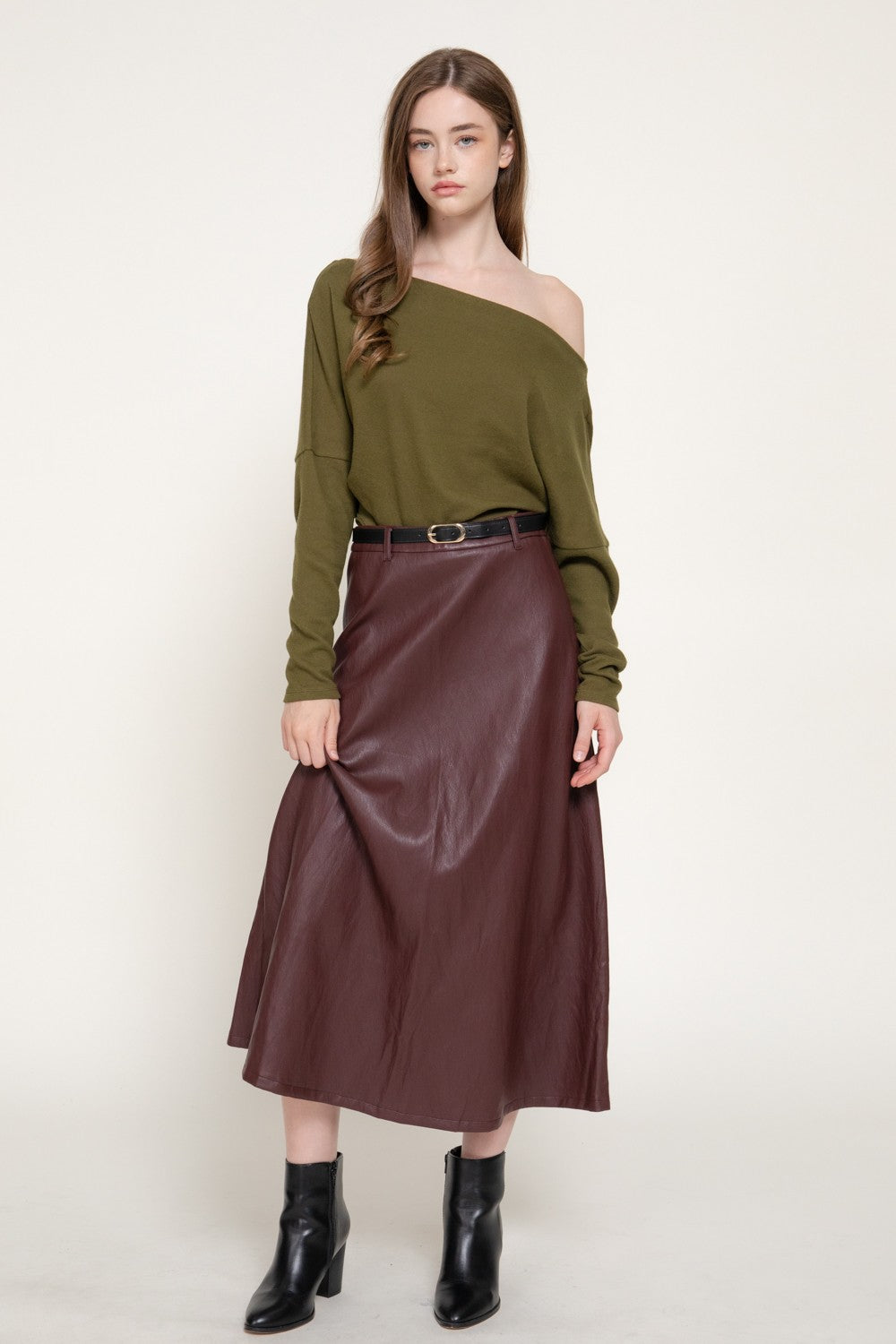 Faux Leather Belted A-line Midi Skirt