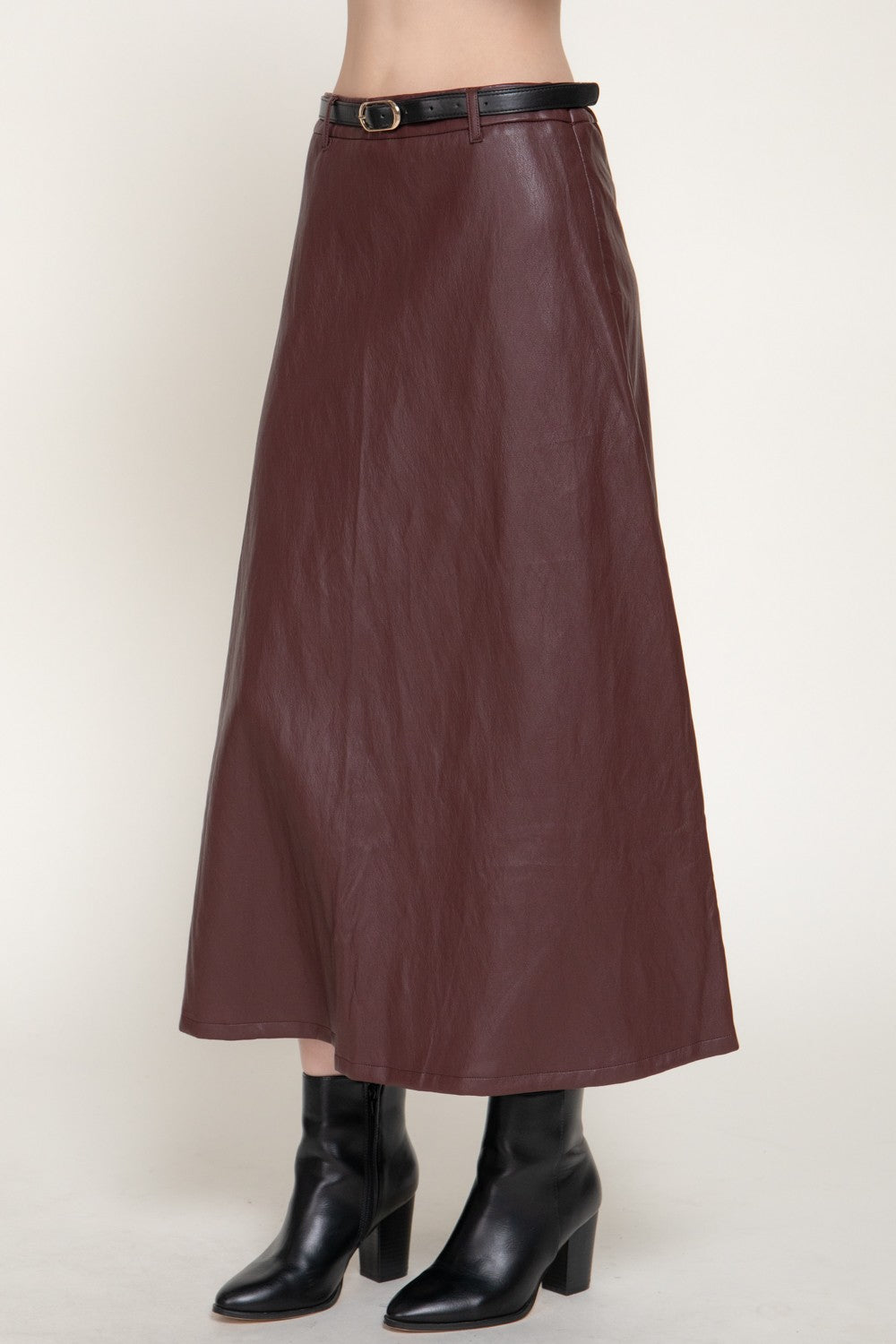 Faux Leather Belted A-line Midi Skirt