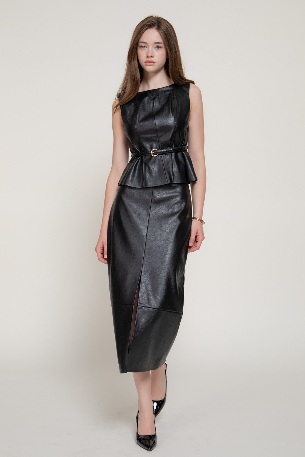 Texture Faux Leather Pencil Midi Skirt