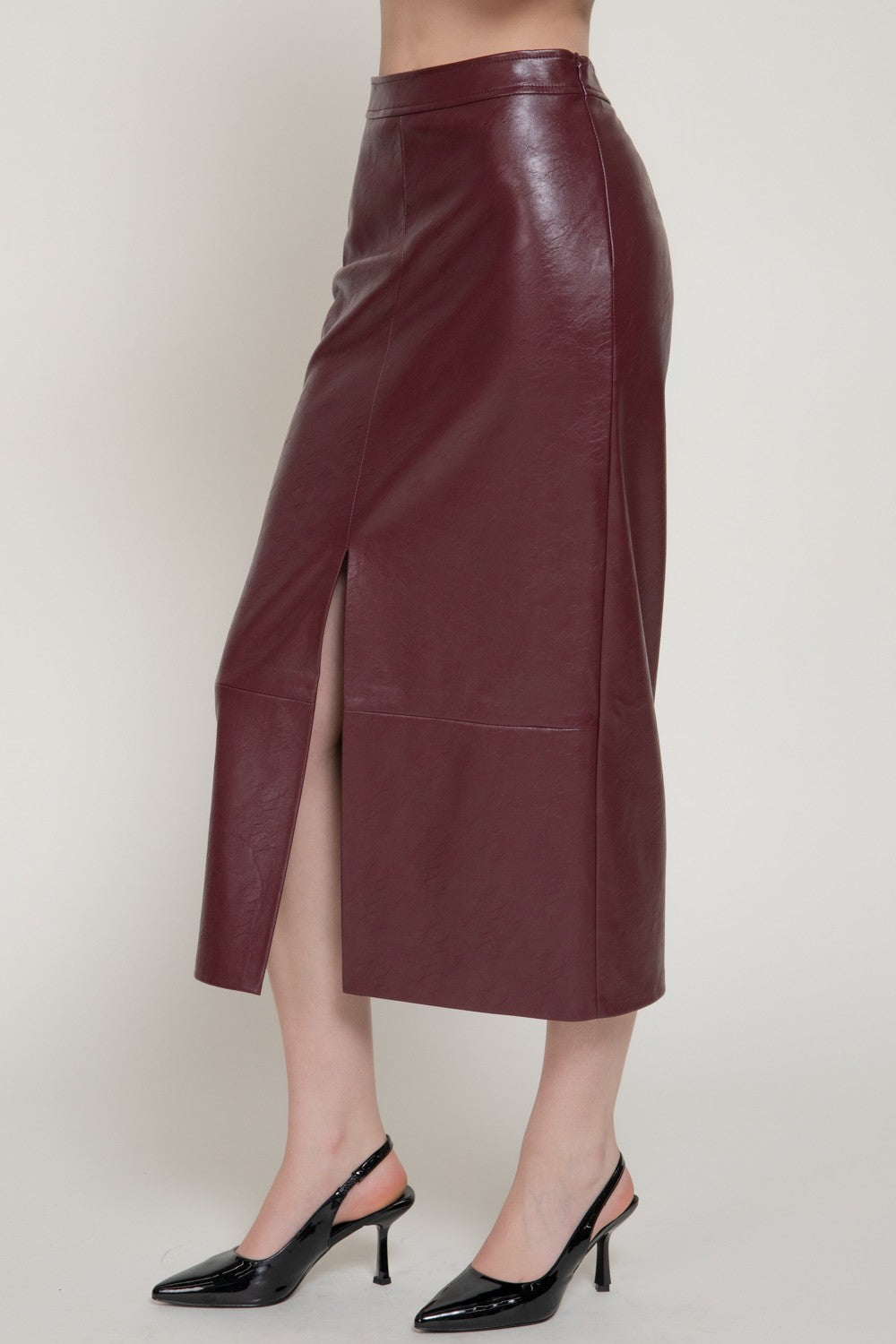 Texture Faux Leather Pencil Midi Skirt