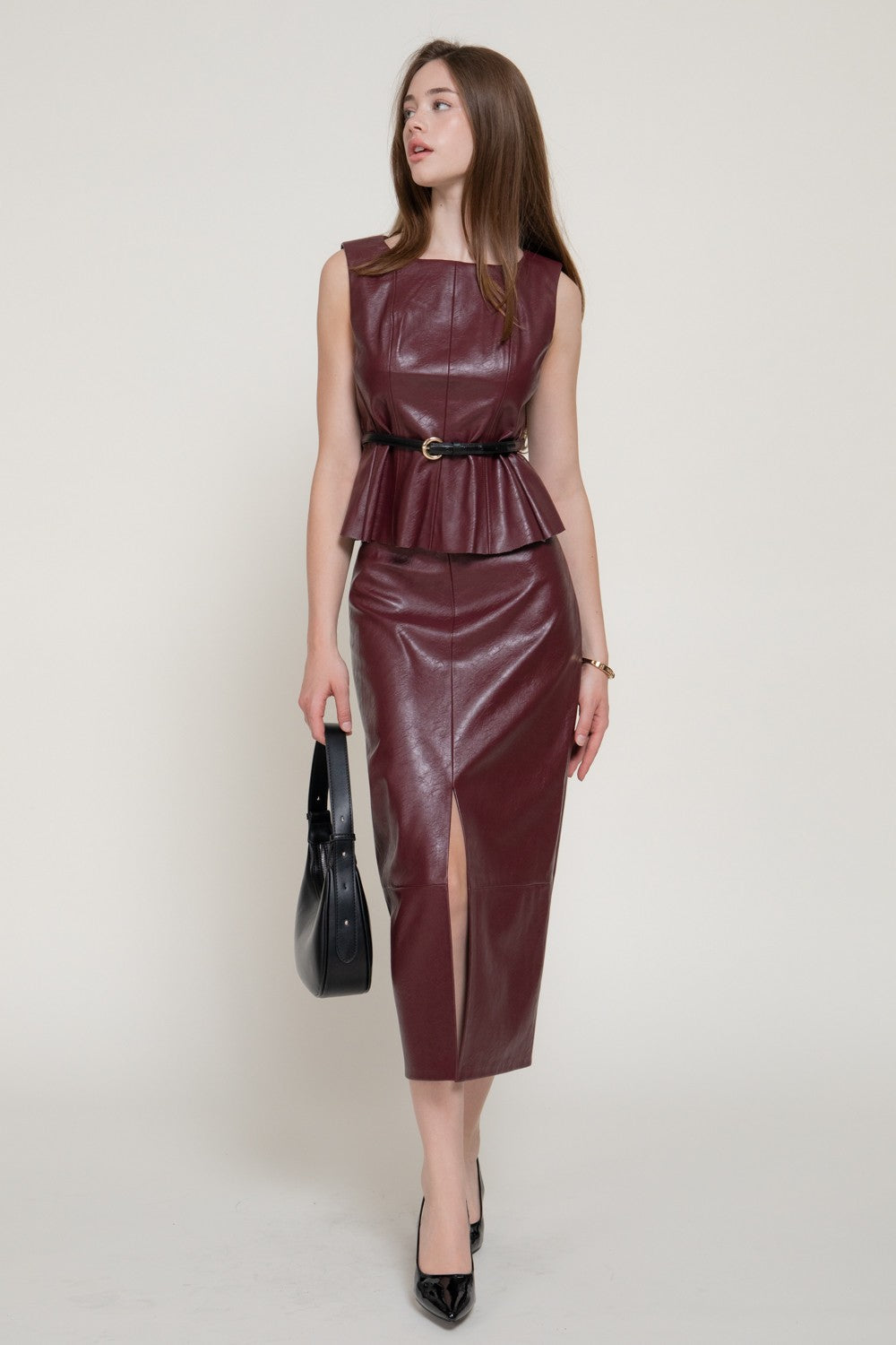Texture Faux Leather Pencil Midi Skirt
