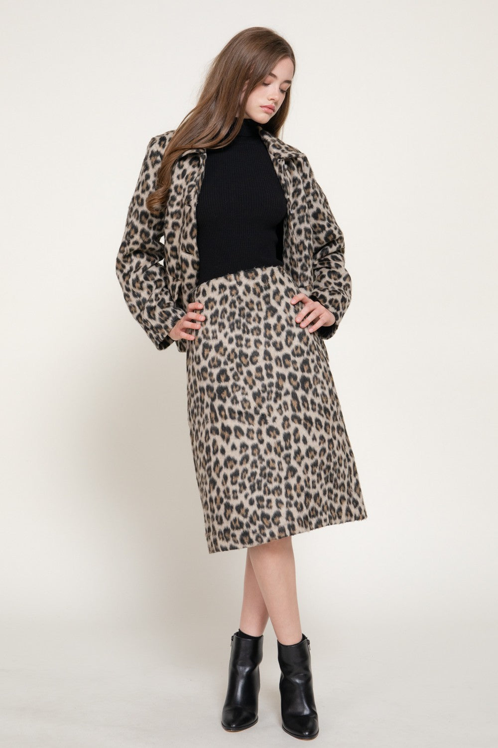 Leopard Print Hairy Wool-like Midi Skirt