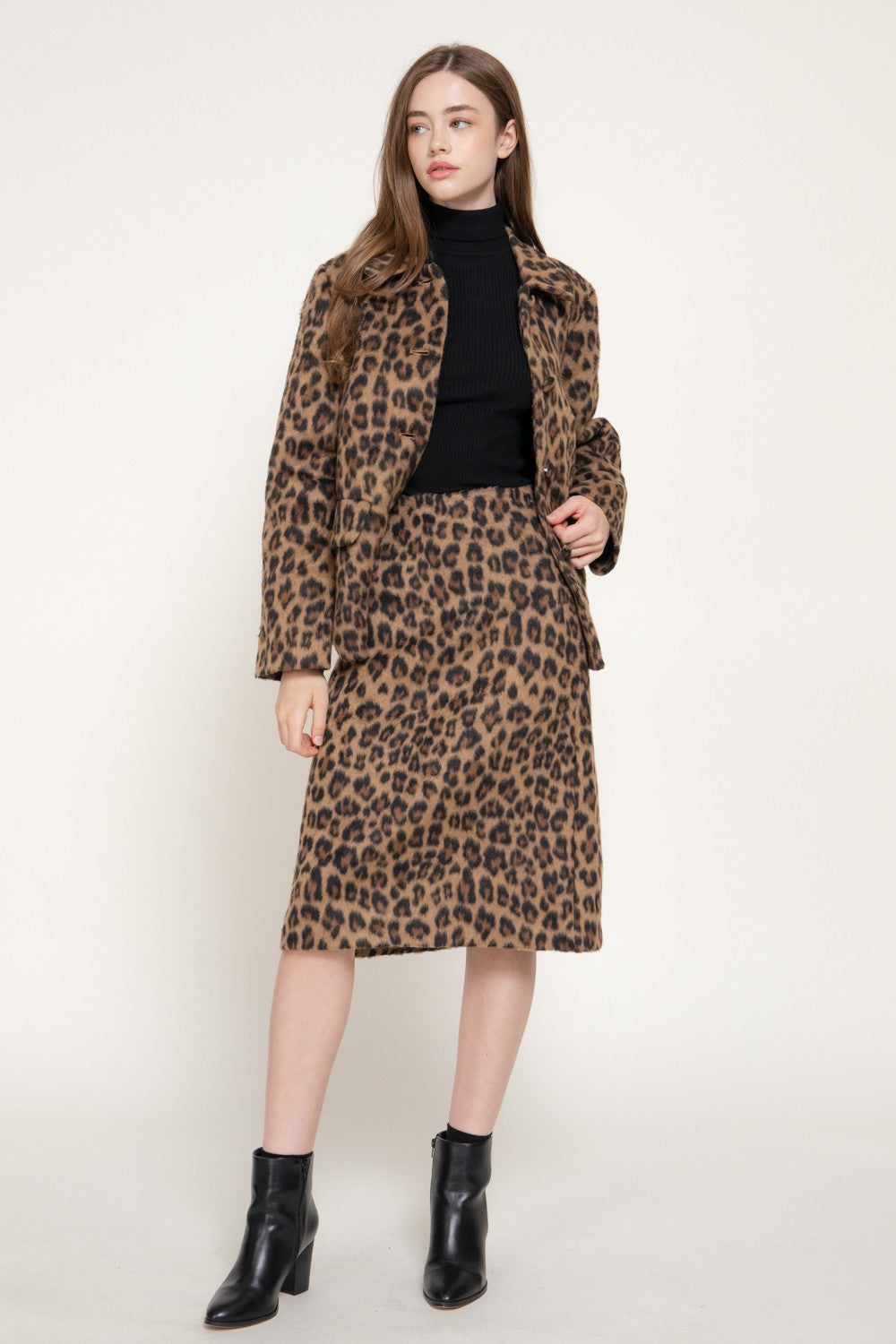 Leopard Print Hairy Wool-like Midi Skirt