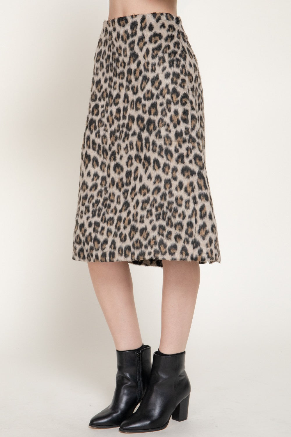 Leopard Print Hairy Wool-like Midi Skirt