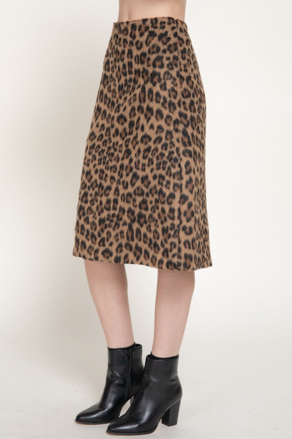 Leopard Print Hairy Wool-like Midi Skirt
