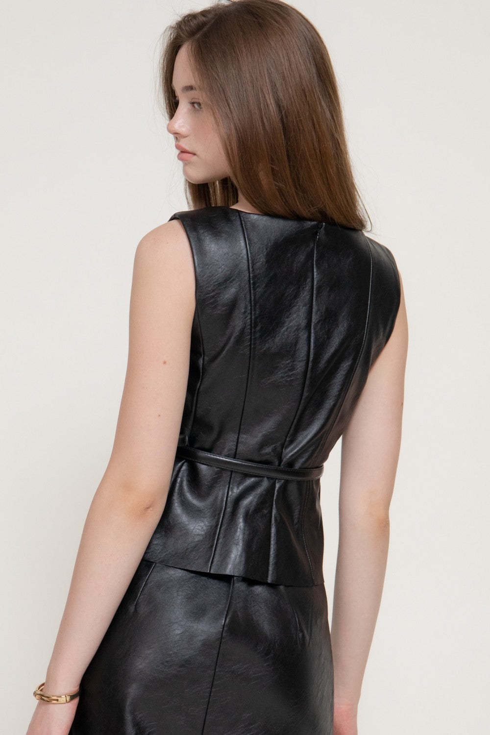 Sleeveless Belted Texture Faux Leather Top