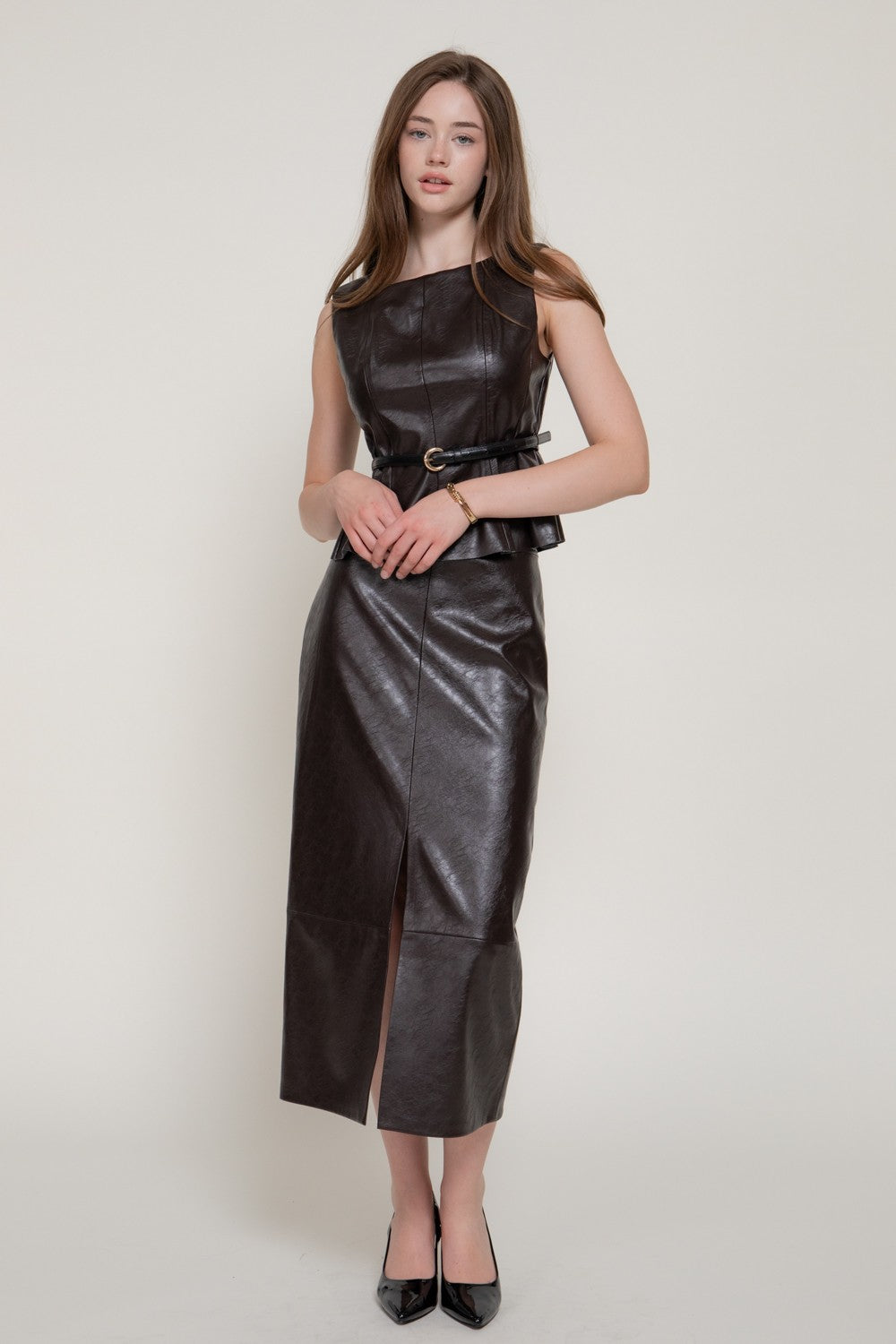 Sleeveless Belted Texture Faux Leather Top