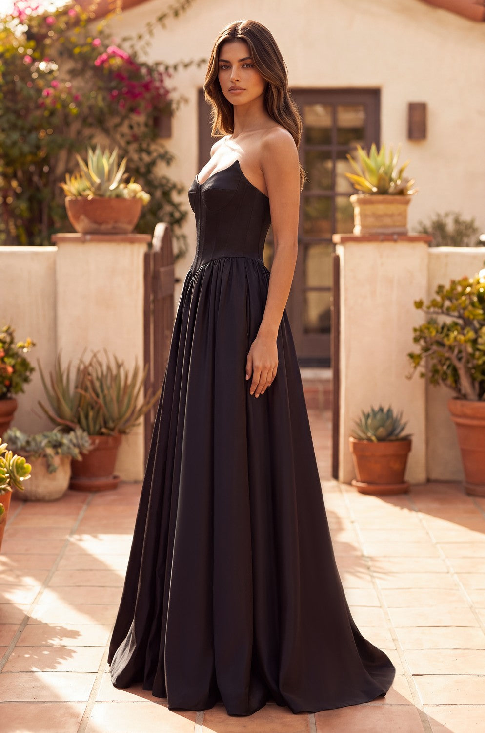 Full Skirt Satin Formal Gown With Drop Waist Corset Top And Pockets