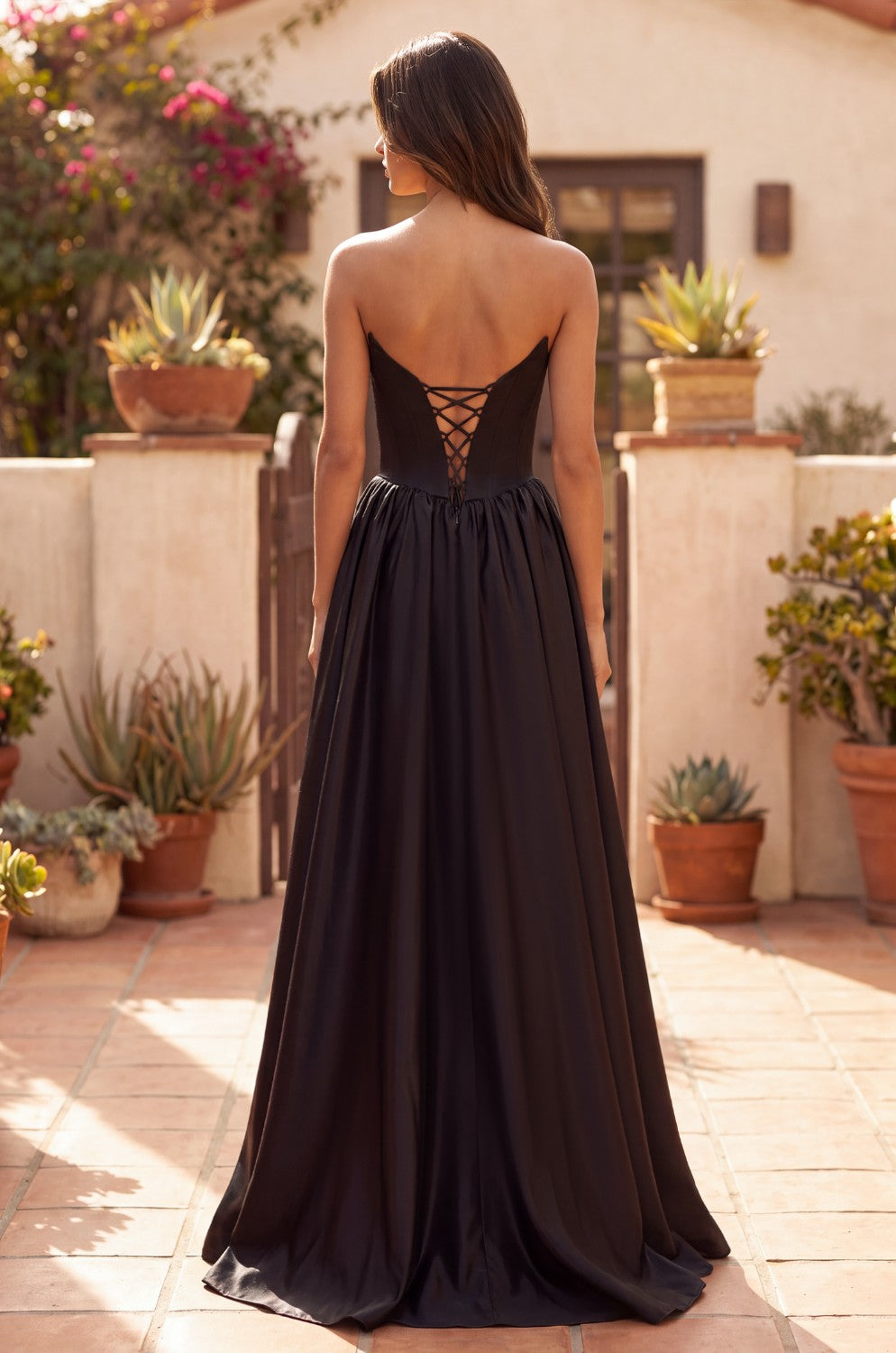 Full Skirt Satin Formal Gown With Drop Waist Corset Top And Pockets