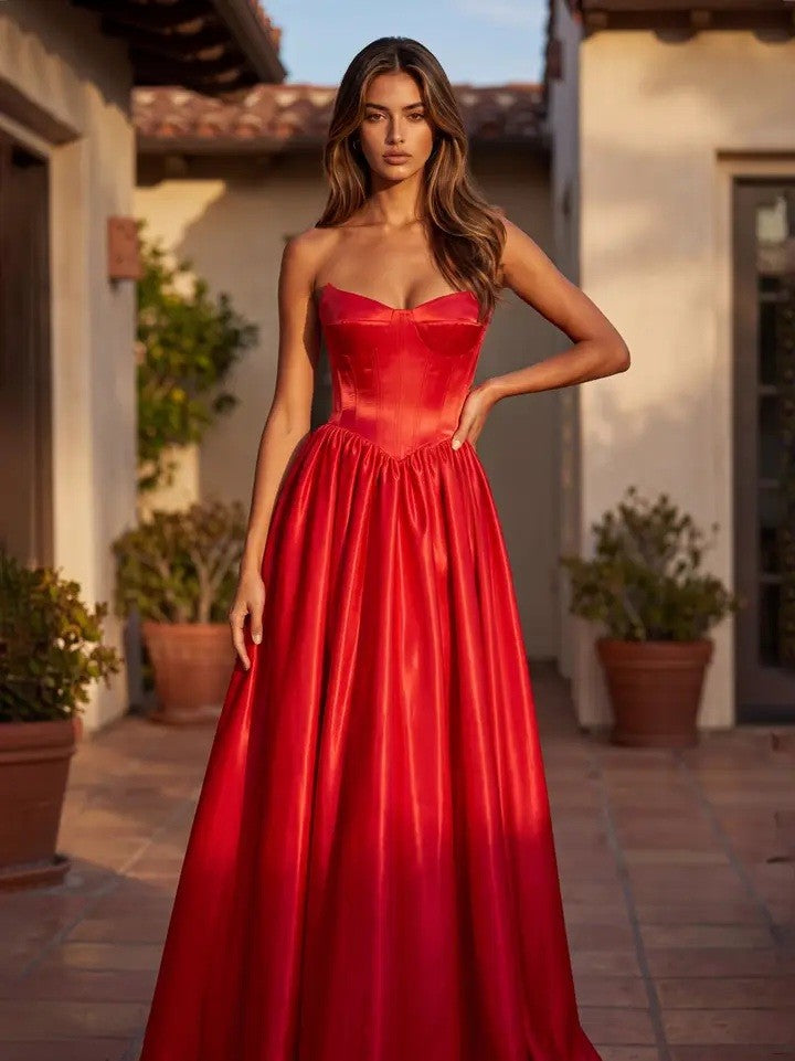 Full Skirt Satin Formal Gown With Drop Waist Corset Top And Pockets