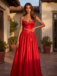 Full Skirt Satin Formal Gown With Drop Waist Corset Top And Pockets