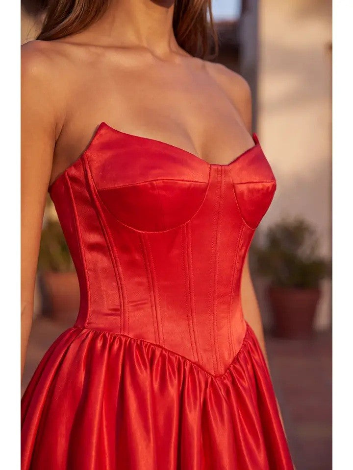 Full Skirt Satin Formal Gown With Drop Waist Corset Top And Pockets
