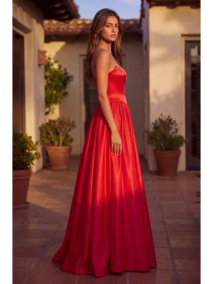 Full Skirt Satin Formal Gown With Drop Waist Corset Top And Pockets