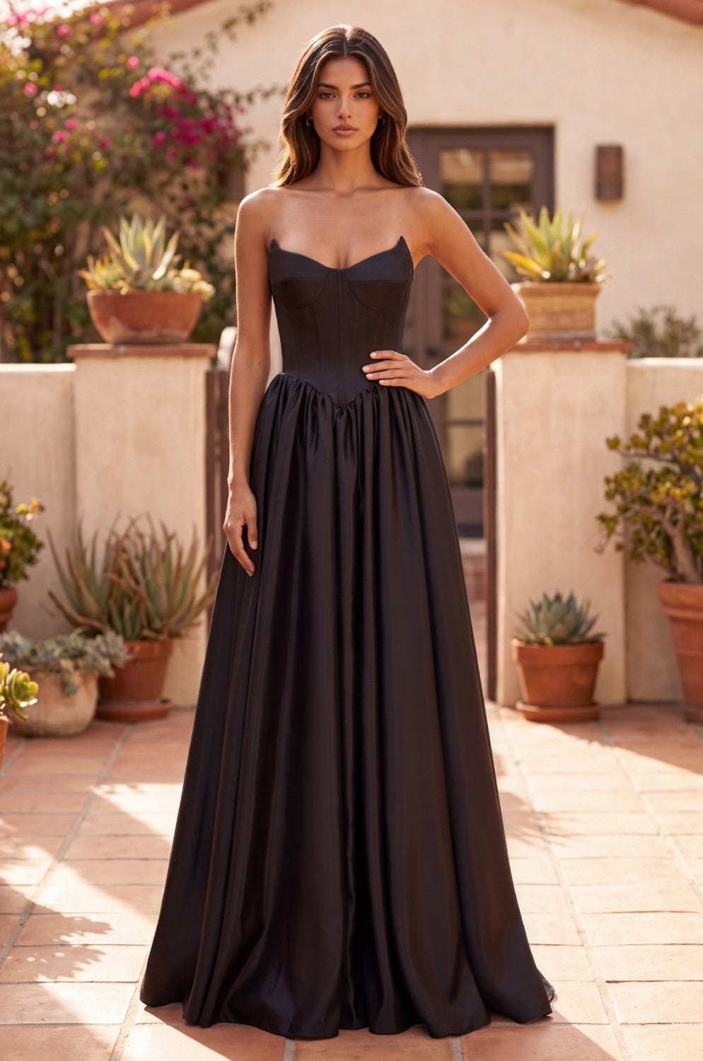 Full Skirt Satin Formal Gown With Drop Waist Corset Top And Pockets