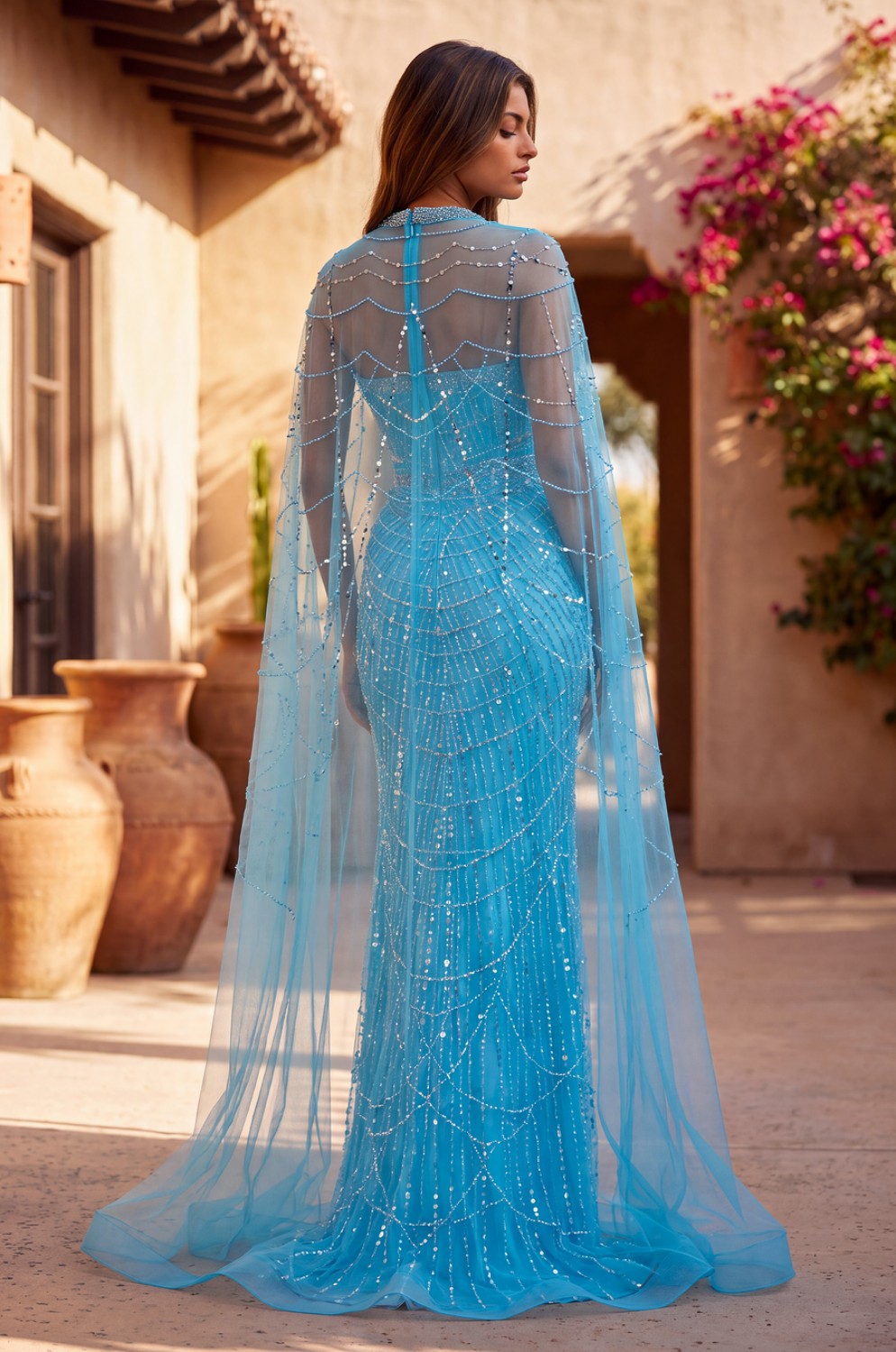Luxe Fully Embellished Cape Dress With Sweetheart Neckline Rhinesto...