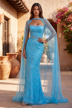 Luxe Fully Embellished Cape Dress With Sweetheart Neckline Rhinesto...
