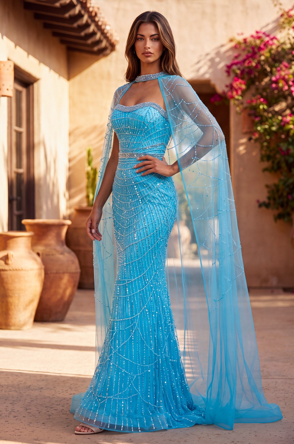 Luxe Fully Embellished Cape Dress With Sweetheart Neckline Rhinesto...