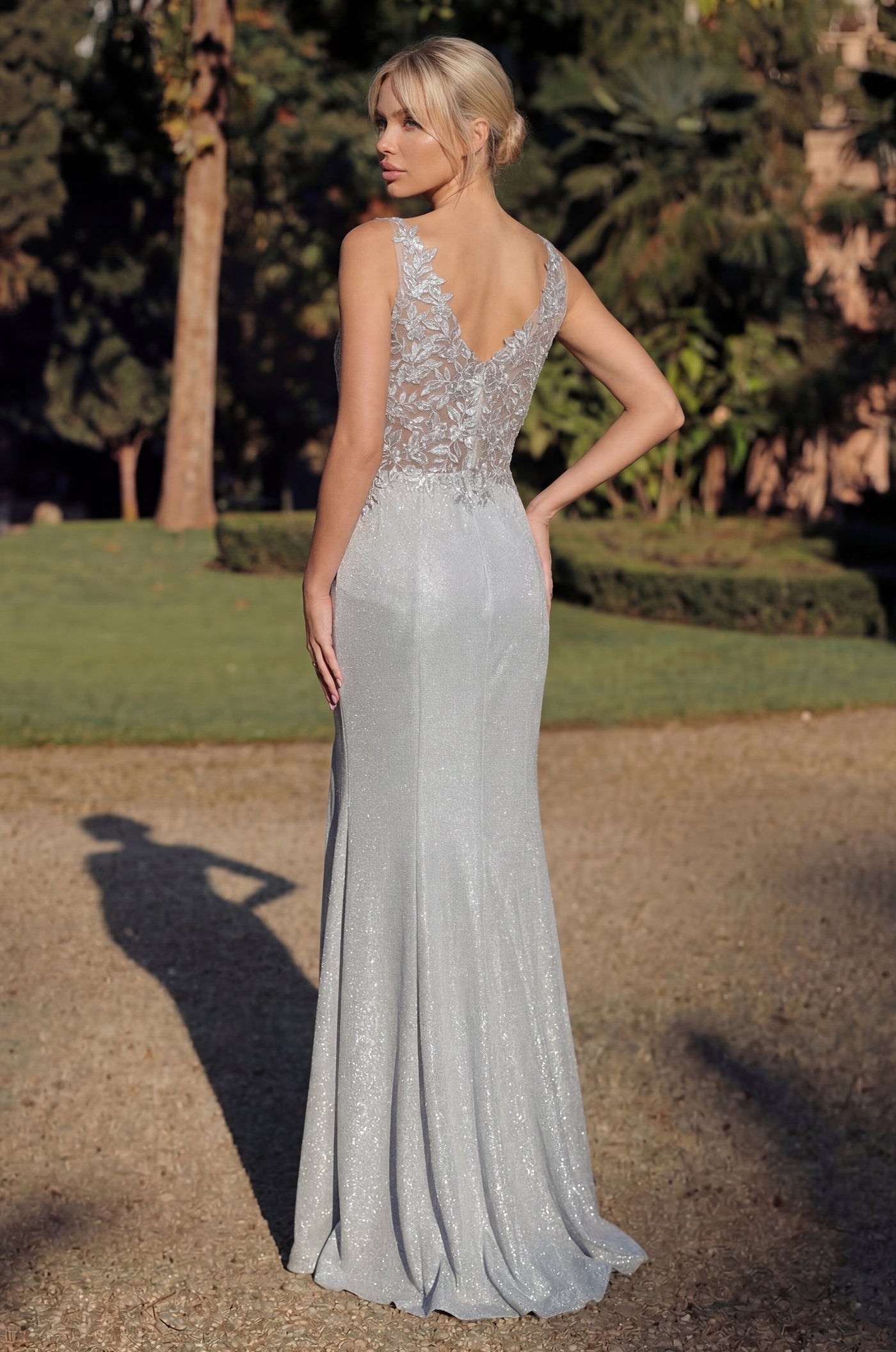 Long V Neck Metalic Formal Dress