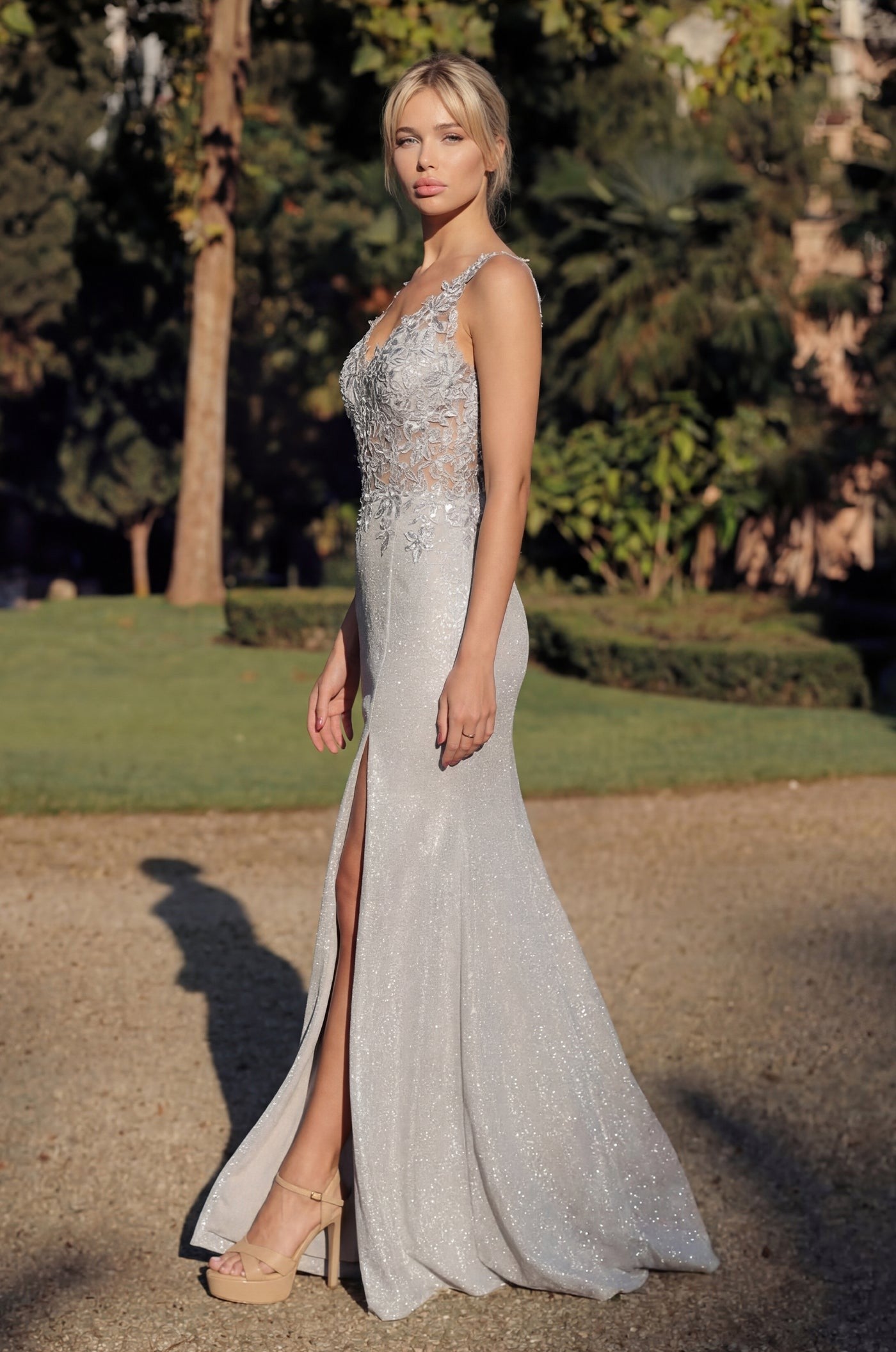 Long V Neck Metalic Formal Dress