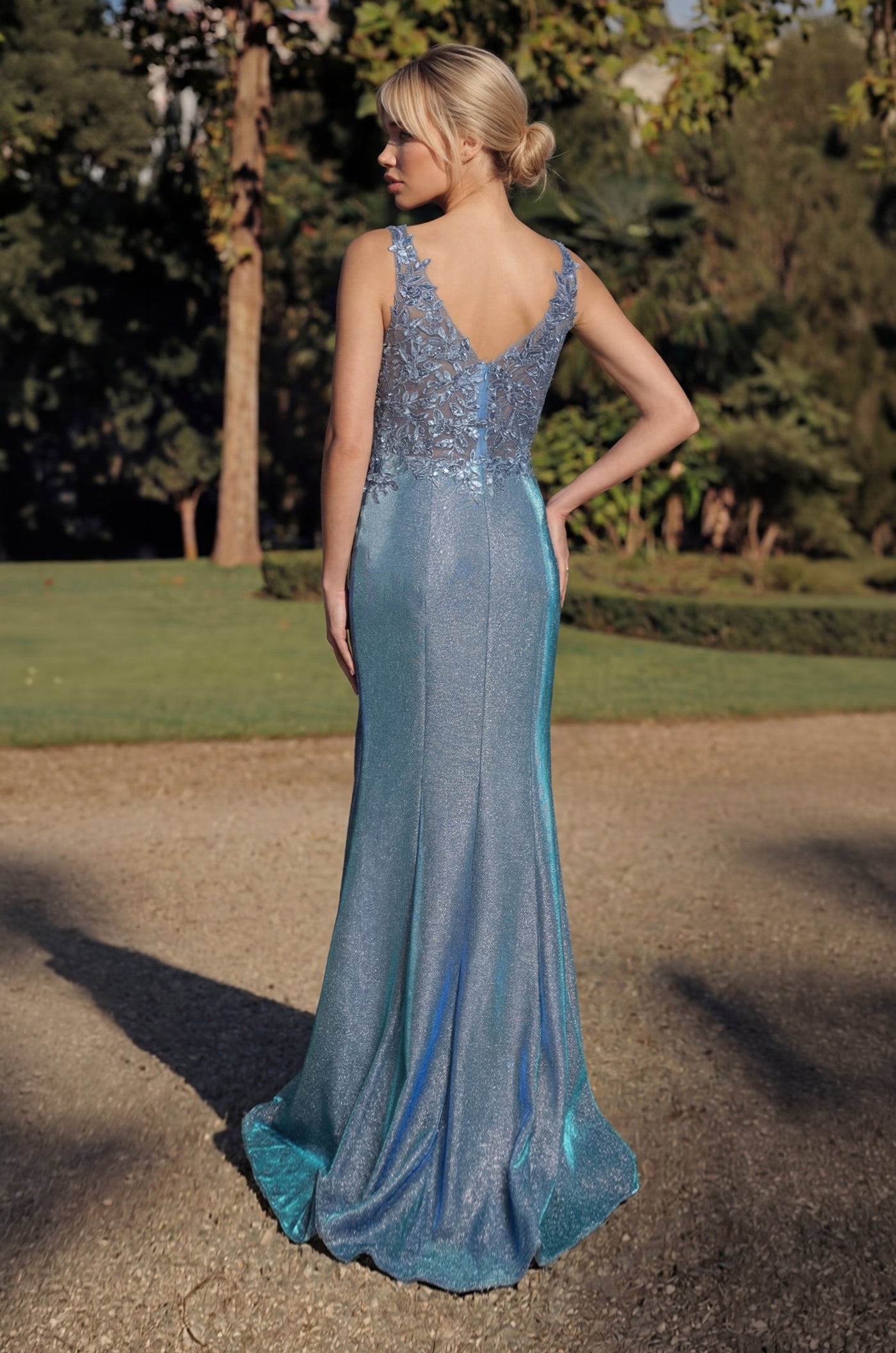 Long V Neck Metalic Formal Dress