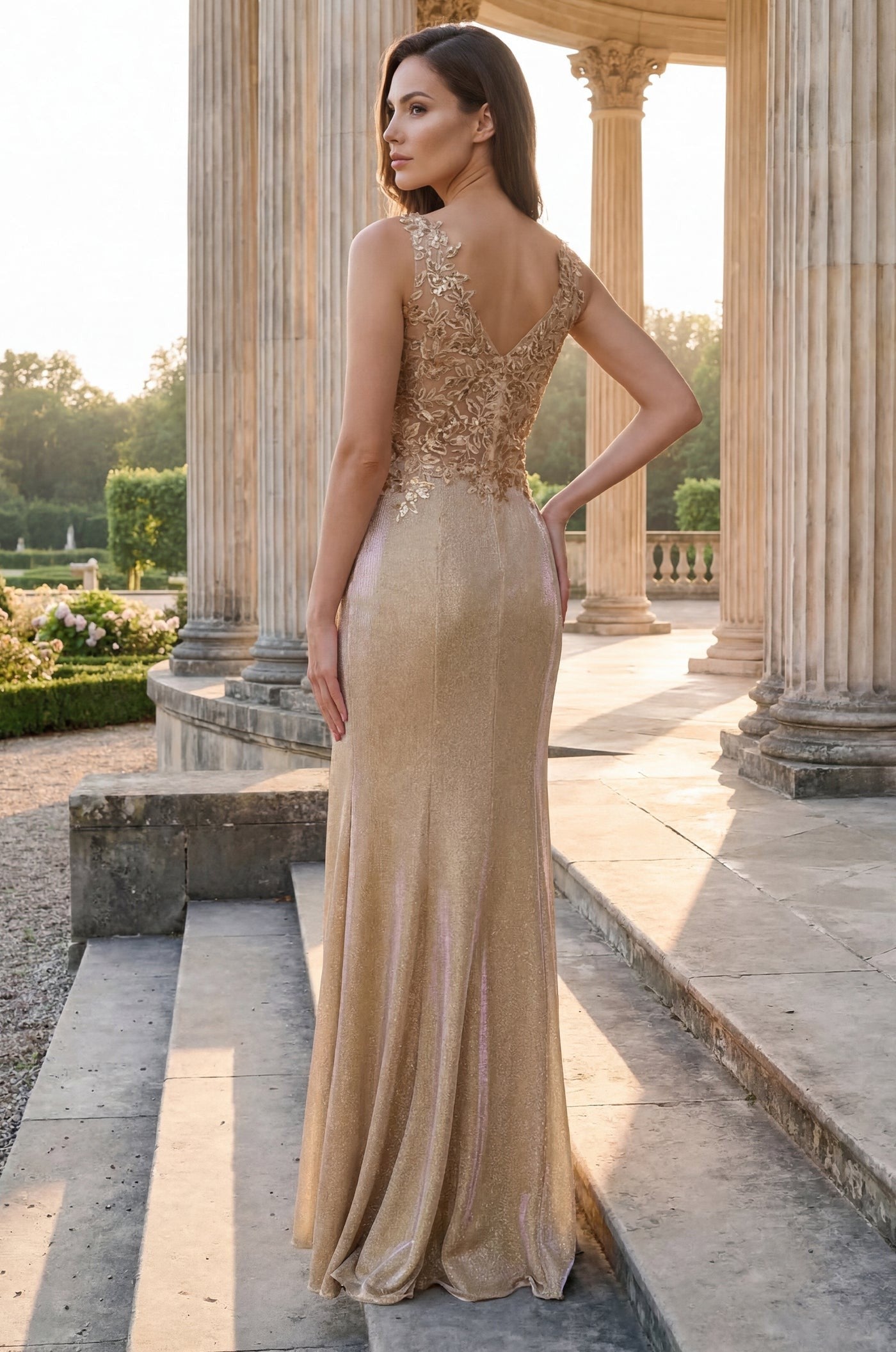 Long V Neck Metalic Formal Dress