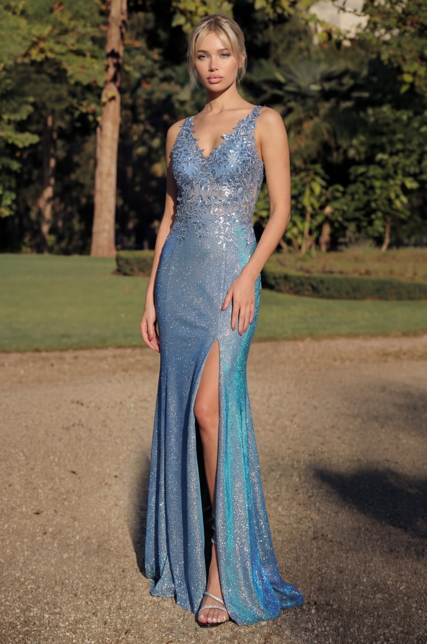 Long V Neck Metalic Formal Dress