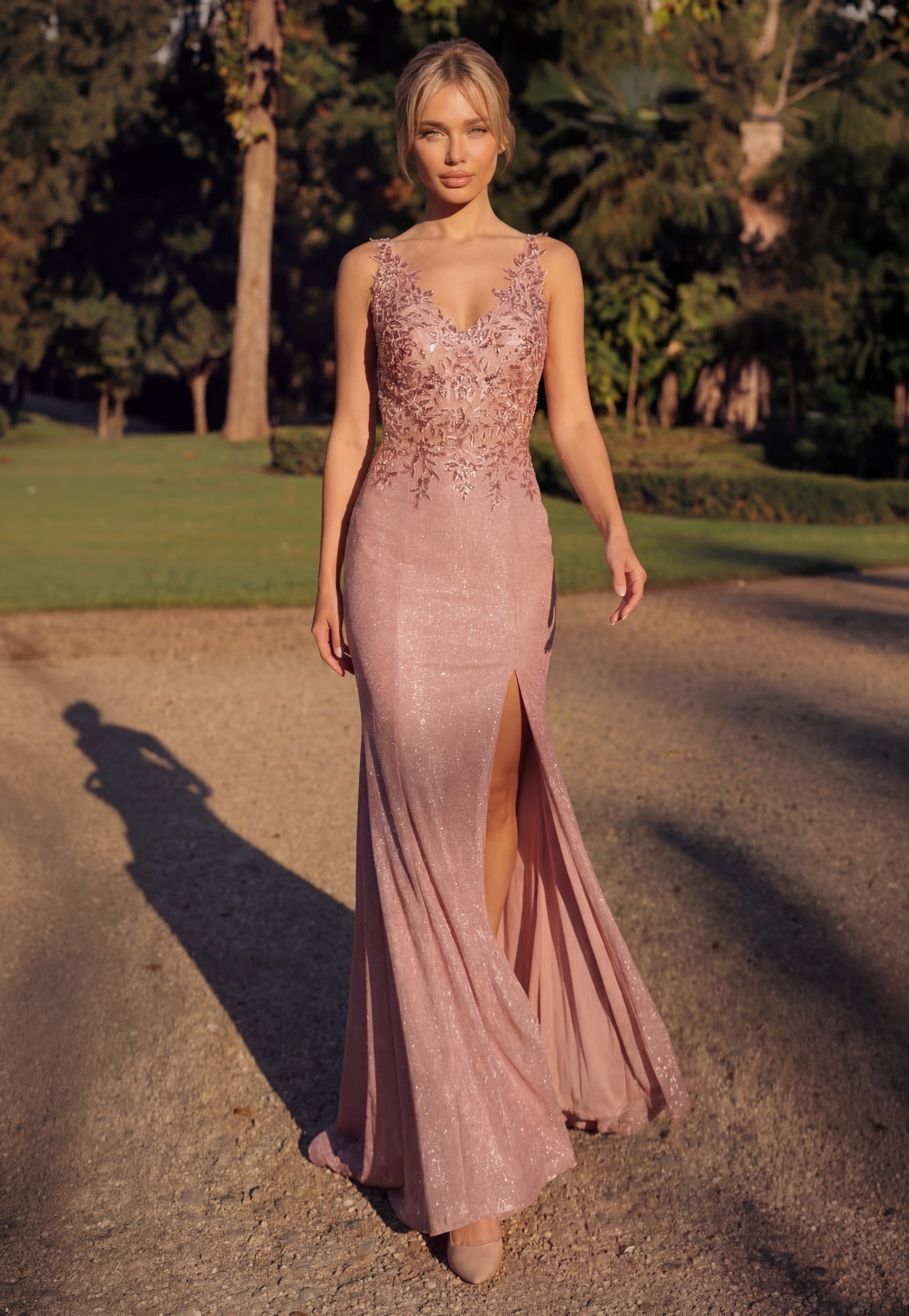 Long V Neck Metalic Formal Dress
