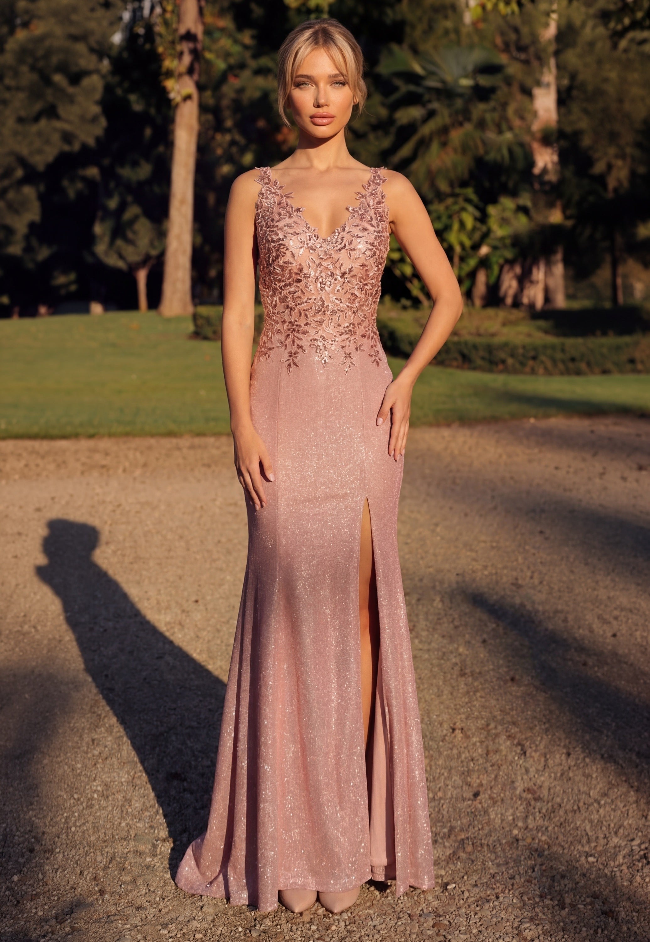 Long V Neck Metalic Formal Dress