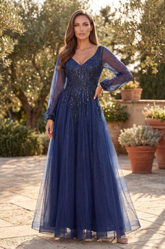 V Neck Long Sleeve Formal Evening Dress