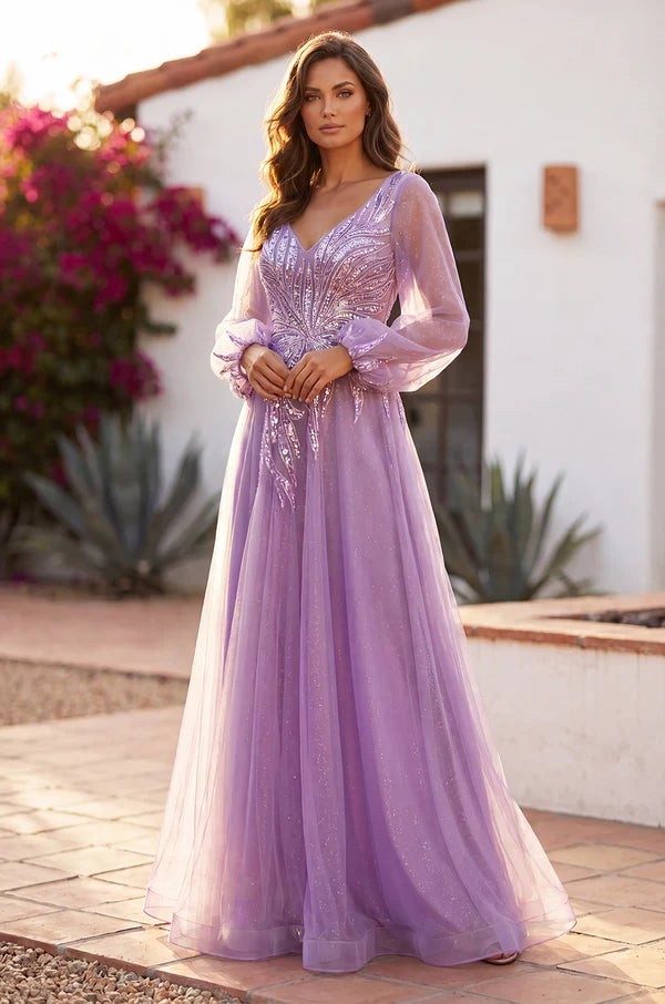V Neck Long Sleeve Formal Evening Dress