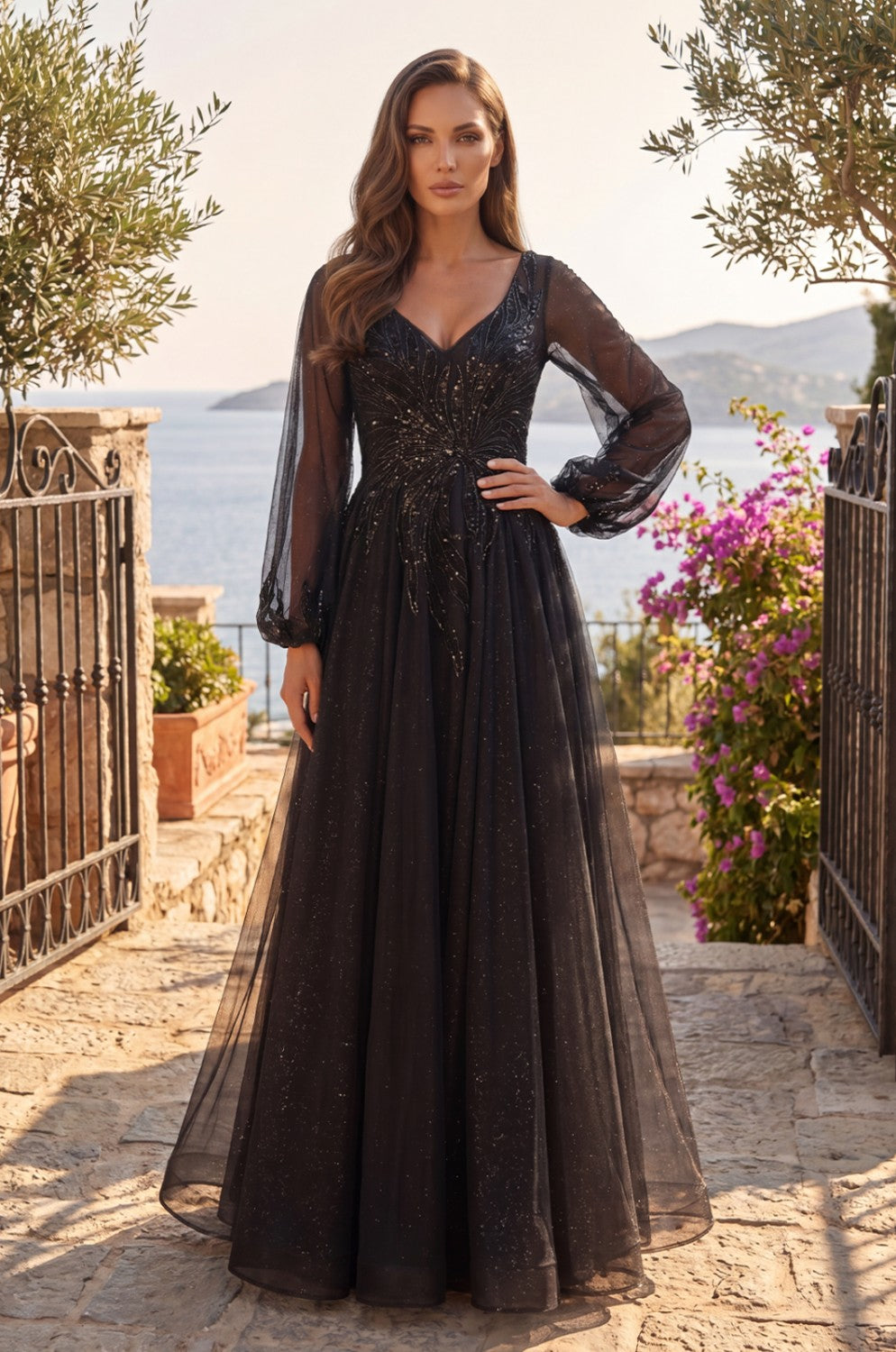 V Neck Long Sleeve Formal Evening Dress