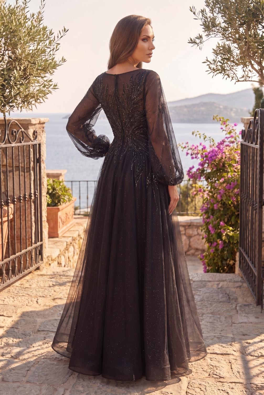 V Neck Long Sleeve Formal Evening Dress
